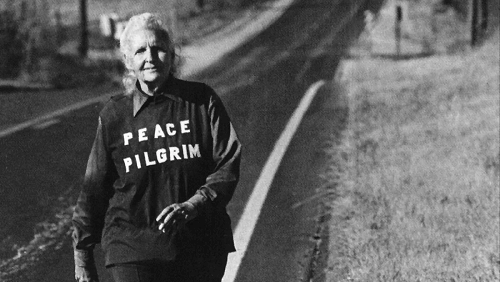 Peace Pilgrim walking a road