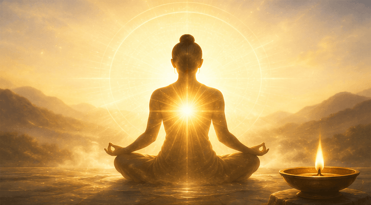 Person meditating peacefully before a glowing flame with radiant light surrounding the body
