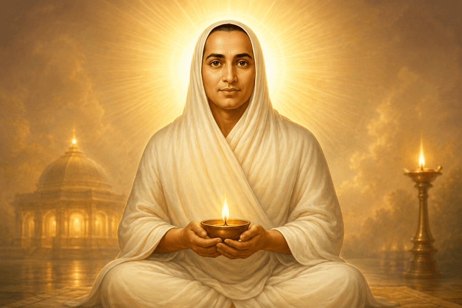 Vallalar Ramalinga Swamigal holding a sacred lamp and surrounded by radiant divine light